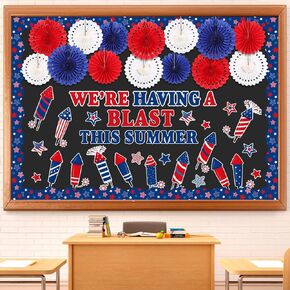 Gilprop 4th of July Bulletin Board Set Patriotic Theme Classroom Decorations USA Independence Day Firework Cutouts Red Blue White Paper Fans Decor for Veterans American Memorial Day School Supplies