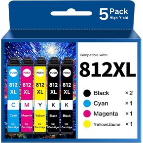 Remanufactured 812XL High Yield for Epson 812xl Ink Cartridges Combo Pack for WF-7840 WF-7820 WF-7310 EC-C7000 Printer for Epson 812 T812 XL Ink Cartridges (5 Pack,2 Black 1 Cyan 1 Magenta 1 Yellow)