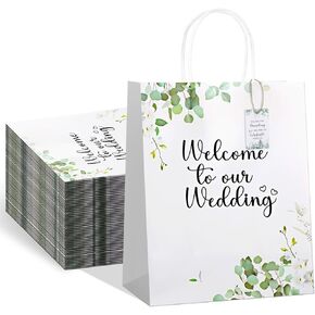 Watersay 50 Set Wedding Welcome Gift Paper Bags with Tags for Hotel Guests Wedding Party Favors Supplies, 8.3 x 4.3 x 10.6 Inch