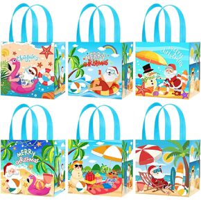 HOWAF 12 PCS Christmas July Gift Bags Summer Christmas Non-Woven Tote Bags with Handle Decorations, Beach Santa Goodie Bag for Hawaii Mele Kalikimaka Treat Bag
