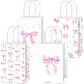 24Pcs Pink Bow Party Favor Bags Bow themed Goodie Bags Candy Bag for Birthday Party Decoration Coquette Gift Treat Bag with Handles for Bachelorette Engagement Baby Bridal Shower Supplies