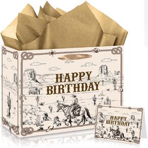 Innovoscape Cowboy Birthday Gift Bag for Boys Men Western Rodeo Happy Birthday Gift Bag with Wrapping Paper Card Large Wild West Horse Gifts Bag for Cowboy Bday Decorations Party Favors Supplies