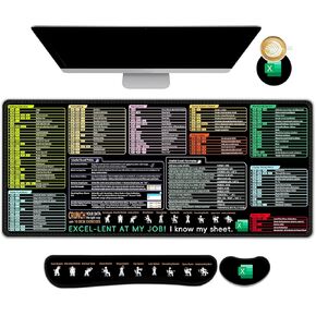 ARTSO Excel Shortcut Keys Mouse Pad Set, Extended Large XL Cheat Sheet Gaming Mousepad with Wrist Rest Support, Non-Slip Stitched Edge Keyboard Mat, Pink