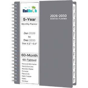 Monthly Planner 2026-2030, 5-Year Calendar Planner 2026-2030, Jan 2026 – Dec 2030, 6.2 x 8.4 In, Ruled Spread, Flexible Cover, Spiral Wirebound, Pocket, 60 Coated Monthly Tabs, Notes ＆ Habit Tracker