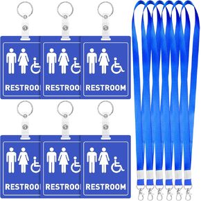 Kosiz 6 Pcs Unisex Bathroom Pass Keychains Men Women Handicapped Bathroom Tag with Key Holder and Lanyard Restroom Key for Business Classroom Family School Office Toilet Restroom Pass, Blue