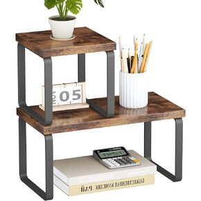 Homeiju Wooden Desktop Organizer Shelf, 2-Tier Adjustable Freestanding Bookshelf Desk Shelf, Stackable Desk Organizer for Office, Dorm, Bedroom, Space Saving, Easy Assembly, Rustic Brown (2 Pack)