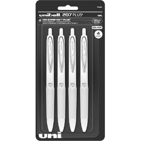 Uni-Ball 207 Plus+ Retractable Gel Pens, Medium Point, 0.7 mm, White Barrels, Black Ink, Pack of 4 Pens