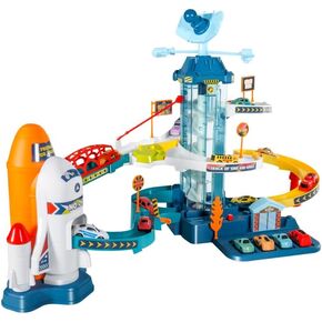 Space Shuttle Orbit Car Garage Building Parking Lot Rail Track Set 46Pcs Playset, 4 Colorful Mini Race Slot Cars, Rotary Elevator, Rocket Tunnel, Lane Splitter, Gift Toy for Boys 3 4 5 6 7 8 Years