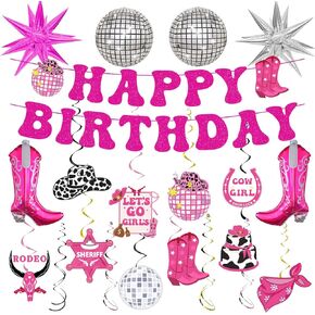 32pcs Disco Cowgirl Birthday Party Decorations, Western Cowgirl Party Decorations Hot Pink Happy Birthday Banner Disco Cowgirl Balloon Last Rodeo Bachelorette Party Decor Supplies for Women Girls