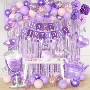 Ouddy Life Purple Birthday Party Decorations for Women Girls, Lavender Purple Pink Foil Confetti Balloons, Fringe Curtain, Cake Topper, Pompoms, Happy Birthday Banner Wedding Princess Party Supplies
