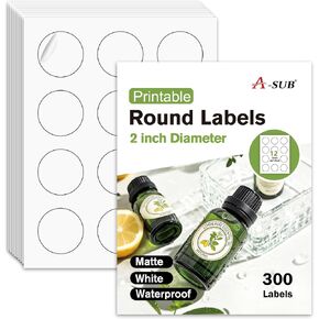 A-SUB 2 Inch Round Label Stickers for Inkjet or Laser Printer, Waterproof Matte White, 300 Printable Circle Stickers for Custom Logo, Thank You Labels