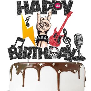 Rock Theme Happy Birthday Cake Topper Rock and Roll Birthday Party Decoration Rock Guitar Theme Birthday Cake Topper for Rock Star Birthday Party Baby Shower Supplies