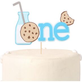 Milk and Cookies One Cake Topper - Boy's 1st Birthday Decoration, Pastel Blue and White