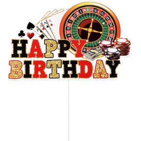 Casino Cake Topper, Happy Birthday Cupcake Toppers Poker Game Chips Roulette Wheel Players Birthday Party Decorations for Las Vegas Themed Casino Night Gambling Party Supplies