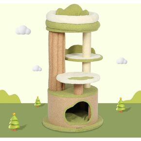 KAMABOKO 42.5" Cute Cat Tree, Green Cat Tree for Indoor Cats, Aesthetic Cat Tower with Teddy Fleece, Cats Condo, Unique Cat Furniture for Small Space - Perfect for Your Feline Pal