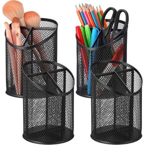 Sherr 4 Pack Mesh Pencil Holder Metal Pen Cup for Desk Round Pen Holder with 3 Compartments Desktop Pencil Organizer for Office Home School Tabletop