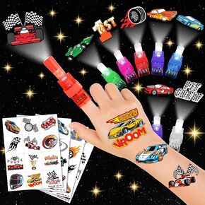 72 PCS Race Car Party Favors – 48 PCS Temporary Tattoos & 24 PCS LED Finger Lights Combo – Birthday Goodie Bag Fillers, Light Up Toys, Party Supplies for Kids