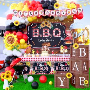 BBQ Baby Shower Decorations, It's a Baby Q Baby Shower Décor Supplies Full Set Balloon Garland Banner Cake Cupcake Topper Backdrop Tablecloth Boxes BabyQ Rustic Barbecue Boy BBQ Shower Decorations Kit