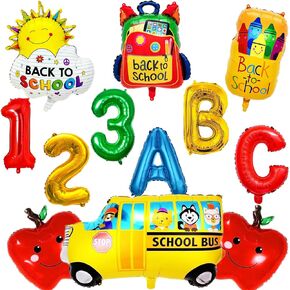 12 PCS First Day of School Balloons School Bus Balloon Apples Crayon Balloons for Kindergarten Classroom Home Back to School Party Decorations