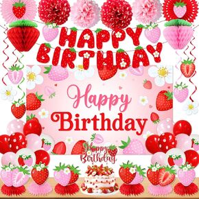 Strawberry Birthday Party Decorations with Strawberry Birthday Banner, Backdrop, Cake Topper, Balloons, Honeycombs, Hanging Swirls, Paper Fans & Pompoms for Girls Themed Party