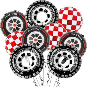 Race Car Balloons Birthday Party Decorations - 22 Inch Helmet Tire Racetrack Balloon - Red Checkered Balloons for Race Car Themed Birthday Party Decorations - Two Fast Birthday Decor