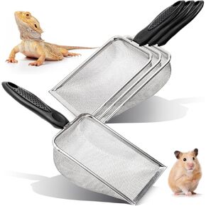 Hiceeden 4 Pcs Stainless Steel Small Mesh Scooper, Hamster Fine Sand Bath Scooper, Reptile Rabbit Litter Sand Waste Scoop, Beach Mesh Shovel for Shell Collecting, Shark Tooth Sifter, 1mm Hole