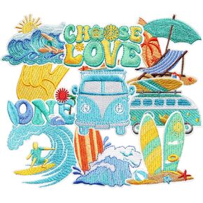 10PCS Summer Beach Surfing Iron on Patches, Cute Ocean Vacation Camper Van Surfboard Embroidered Badges for Clothes, Applique for Shirts, Hats, Jeans, Jackets, Bags, Dress