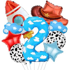 Toy Themed Decorations, 9pcs Cow Print Sky Blue Cloud Balloons with Rocket Balloon and Cowboy Hat Balloon for Kids Inspired Story 2nd Birthday Party Decorations (2nd)