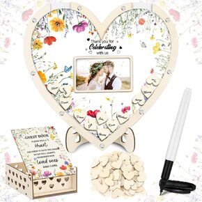 Chunful Wedding Hearts Book Content Petwith With 100 Wooden Hearts Chips Box and Pen Brown Wooden Thief Heart Picture Frame Rustic Guest Book Consempion لحفل الزفاف (كلاسيكي)