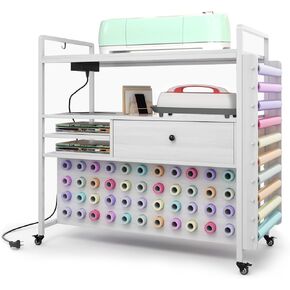 SEPTBOT Craft Organization & Storage Compatible with Cricut Machines, Rolling Organizer with Power Outlet, Large Drawer & 54 Vinyl Roll Holder, Craft Cart Cabinet Table Workstation