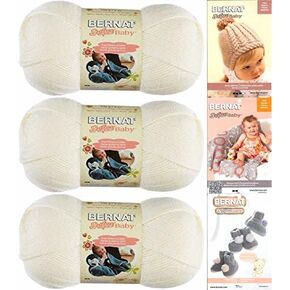 Bernat Softee Baby Yarn 3 Pack Bundle Includes 3 Patterns DK Light Worsted (White)