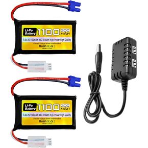 sea jump 2PCS 7.4V 1100mAh 2S Lipo Battery with EC2 Plug and 2-in-1 Charger for UTB18 RC Car, 4WD Unlimited Off-Road High-Performance Climbing Vehicle Battery Accessories