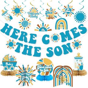 Here Comes the Son Baby Shower Decor Banner, Hanging Swirls and Honeycomb Centerpiece Boy Decorations, Sunshine Theme, Blue