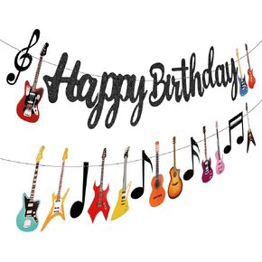 2 Pcs Guitar Happy Birthday Party Banner Music Theme Party Backdrop Decorations Guitar Cutout Banner for Rock and Roll Party