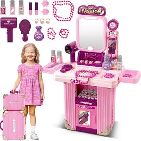 deAO Makeup Table for Toddler Girls Vanity Accessories Pretend Play Beauty Set for Girls Makeup Travel Suitcase, Fashion Accessories with Mirror,Hair Dryer,Necklace, Birthday Gifts for Kids