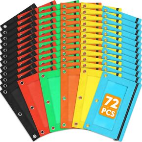72 PCS Pencil Pouch for 3 Ring Binder, Zipper Pencil Pouch in 6 Colors, Durable 3 Ring Pencil Pouch with Clear Window, Binder Pencil Pouch Bulk for Classroom Office School Supplies