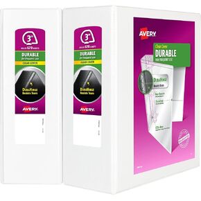 Avery Durable Clear View 3 Ring Binders, 3 Inch EZD Rings, 2-Pack of White Binders (35307)