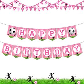 Funmemoir Soccer Birthday Party Decorations for Girls - Happy Birthday Banner, Pink Soccer Football Bday Decorations for 1st 2nd 3rd 4th 5th Party Supplies