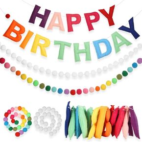 3Pcs 118 Inch Pre-Strung Happy Birthday Felt Banner - Felt Ball Garland -Pastel Birthday Banner with Bow Party Decorations Party Garland for Wall Decoration