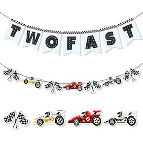 Two Fast Birthday Banner, Racing Theme Party Supplies Decorations with Race Cars, Flags, Tracks and More, Vintage 2nd Birthday Photo Backdrop Props for Boys