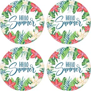 2 Inch Round Hello Summer Stickers, Summer Tropical Palm Leaves Flowers Stickers Labels for Kids Envelope Seals Greeting Card Gift Hawaiian Luau Aloha Party Favor Supplies, 200 PCS