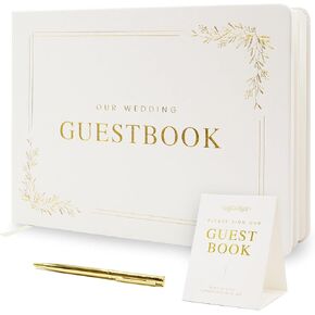Floral Embossed Wedding Guest Book Set - 9 x 7.5 Hardcover Guestbook for Wedding Reception Sign in, Messages, Bridal Shower Engagement Party (White Cream)