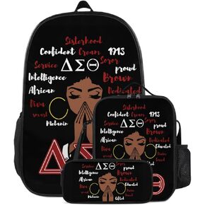 Sorority Paraphernalia Backpack Set with Insulated Lunch Box & Pencil Case - 17" Durable Laptop Backpack Sorority Gifts Bags (Black, One Size)
