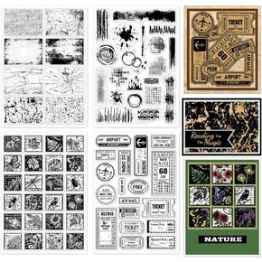 GLOBLELAND 4 Sheets Vintage Stains Background Clear Stamps for Card Making Plants Labels Silicone Clear Stamp Seals Postage Travel Tickets Transparent Stamps for DIY Scrapbooking Journals Decorative