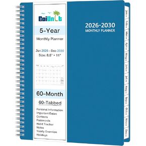 Monthly Planner 2026-2030, 5-Year Calendar Planner 2026-2030, Jan 2026 – Dec 2030, 8.5 x 11 In, Ruled Spread, Flexible Cover, Spiral Wirebound, Pocket, 60 Coated Monthly Tabs, Notes ＆ Habit Tracker, A4 Planner, Green