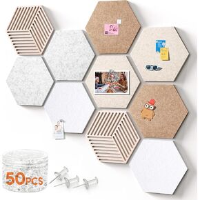 Hexagon Cork Boards for Walls Decor 10 Pack Cork Bulletin Board Tiles with 50 Pins,Pin Board for Office & Home for Notes Photos and DIY Classroom Decor