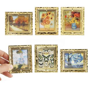 Odoria Dollhouse Wall Art Miniature: 1/12 Scale Framed Picture Vintage - Mini Painting Golden Antique for Gallery - Tiny Artwork Van Gogh Monet 6Pcs