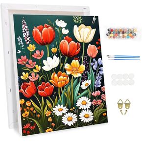 KEYIFA Paint by Numbers Kit for Adults Framed, Easy Painting Kits for Beginners, Paint on Clear Colored Canvas, Acrylic Pigment Drawing Paintwork, DIY Home Wall Decor, 12x16 in, Tulips and Daisies