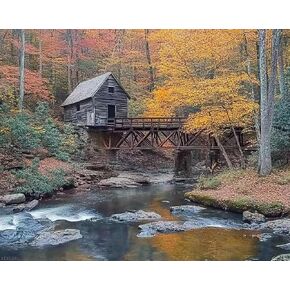 XTXGERL Paint by Numbers Kit for Adults Creek Grist Mill Babcock State Virginia Autumn Season 16x20 DIY Color by Numbers Acrylic Paint Framed Canvas Painting Kits for Beginner