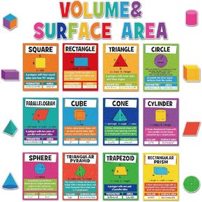 Funrous 38 Pcs Educational Math Posters Volume And Surface Area Formulas Poster Geometry Mathematics Bulletin Board Math Classroom Learn Material for Elementary Middle School Supplies (38, Shape)